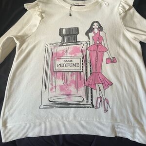 Women's White Sweater with Pink Perfume Graphic